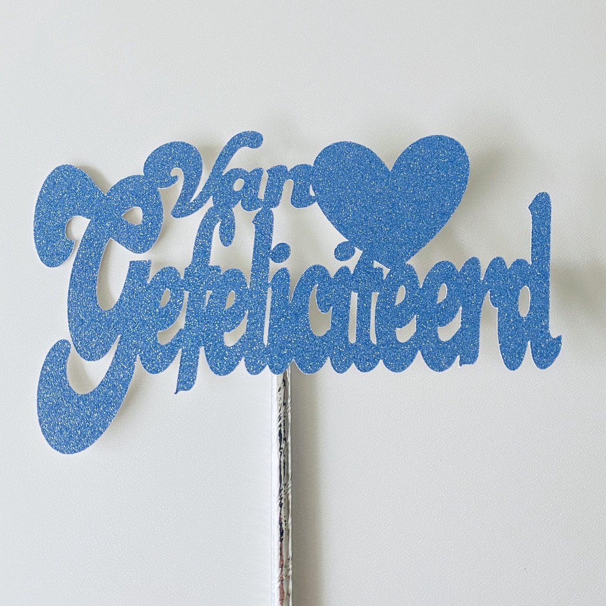 Taarttopper| Cake topper |Gefeliciteerd| Verjaardag| Hart |Hemels blauw glitter|16 cm| karton